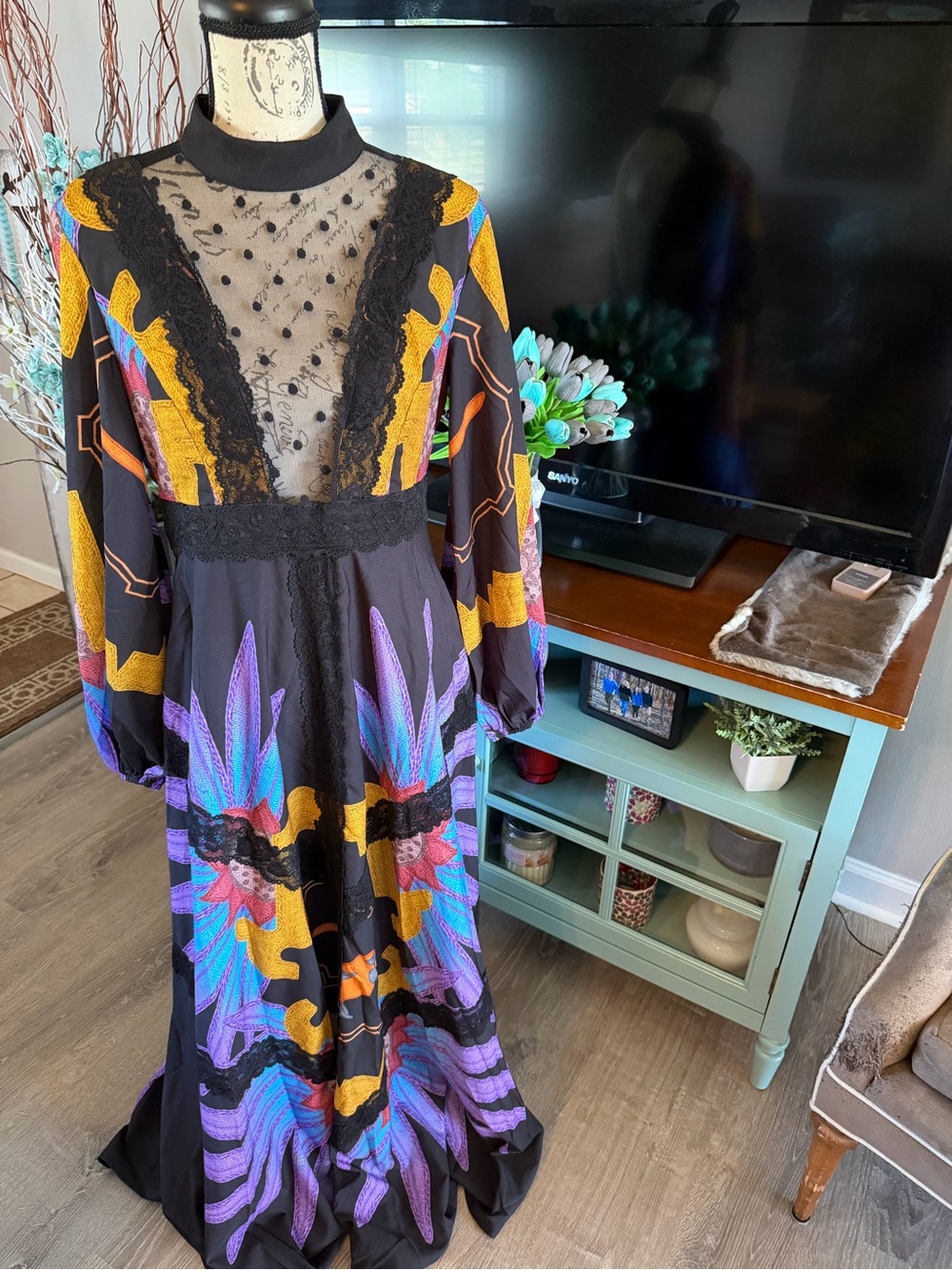 SHEIN X Black Floral Lace-Inset Long Sleeve Maxi Dress W/Vibrant Accents Large